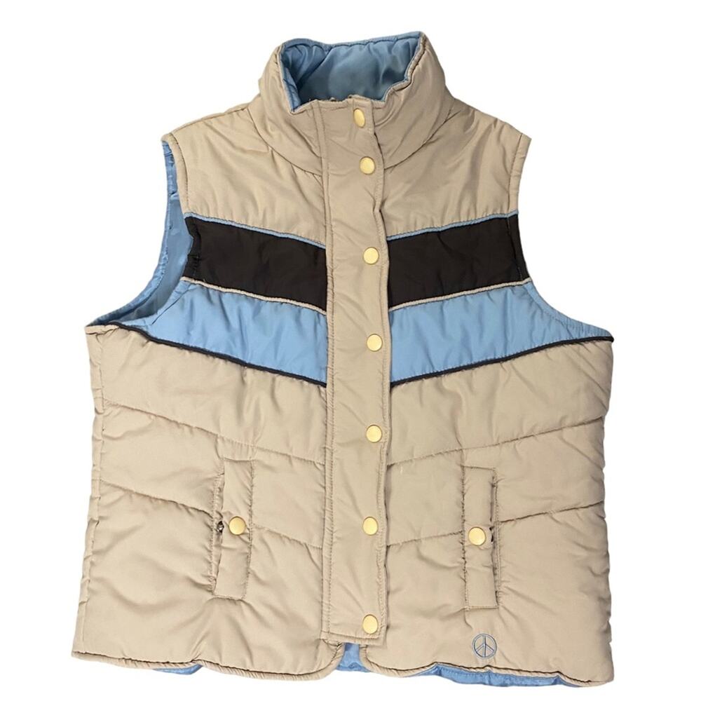 JJ Basics Size XL Women's Puffer Vest Blue and Tan Preppy Y2K